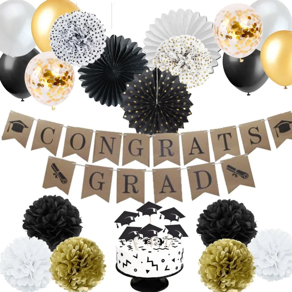 

34pcs Graduation Party Decorations Set With Graduation Balloon Cake Topper Hanging Banner For Graduation Decor Photo Background