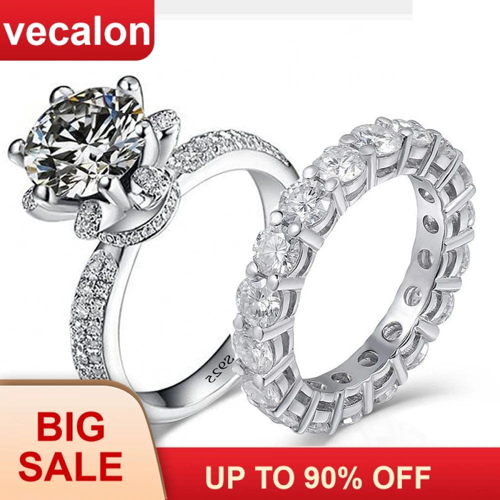 

Vecalon Classic Flower Promise ring sets AAAAA Cz Stone 925 Sterling Silver Engagement wedding Band rings for women Men jewelry