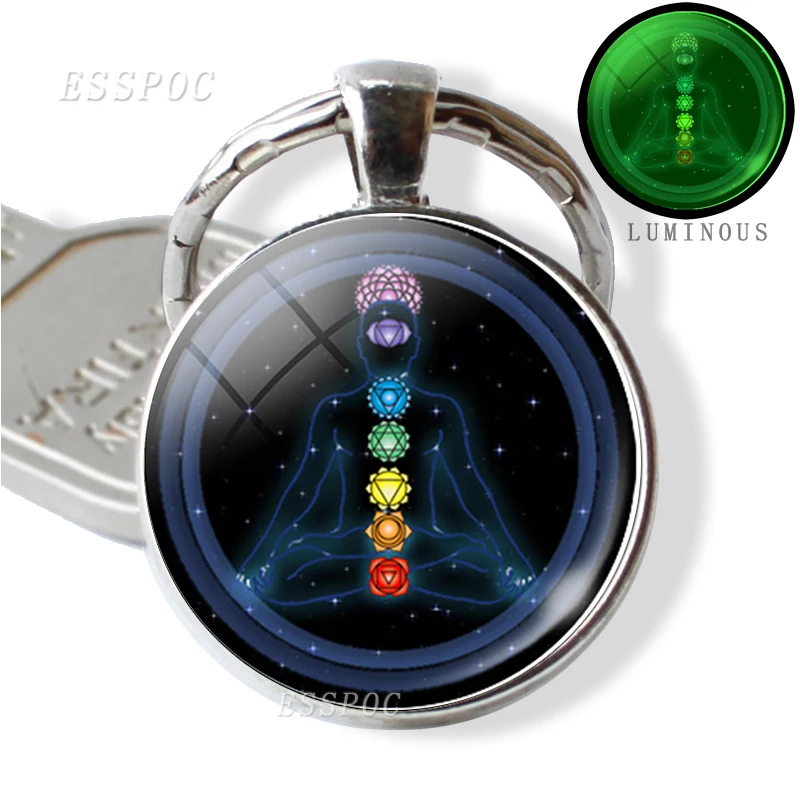 

7 Chakra Luminous Jewelry Buddhism Indian Chakra Keychain Keyring Sacred Geometry Cabochon Glass Pendant