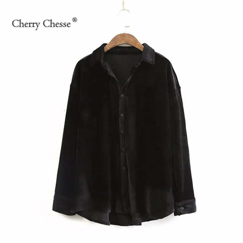 Cherry Chesse Винтаж для женщин флисовая Блузка Кнопка отложной воротник Топы
