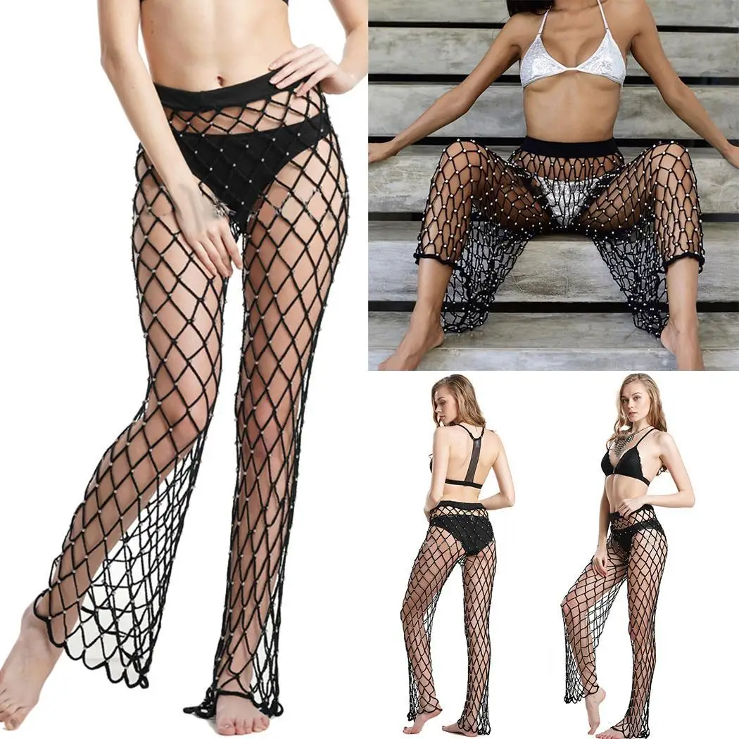 New Fashion Women Knitted Hollow Out Elastic None Waist Beach Natural Full Length Pants Solid |