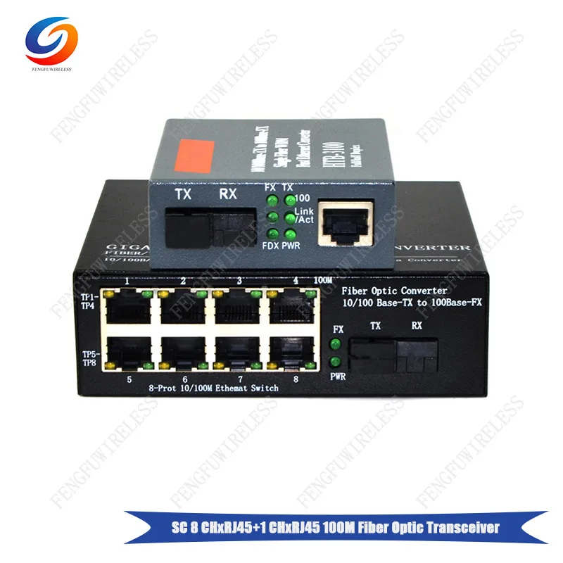 1 пара HTB3100 + 8 портов 1000 базовый оптический медиаконвертер RJ45 erternet переключатель