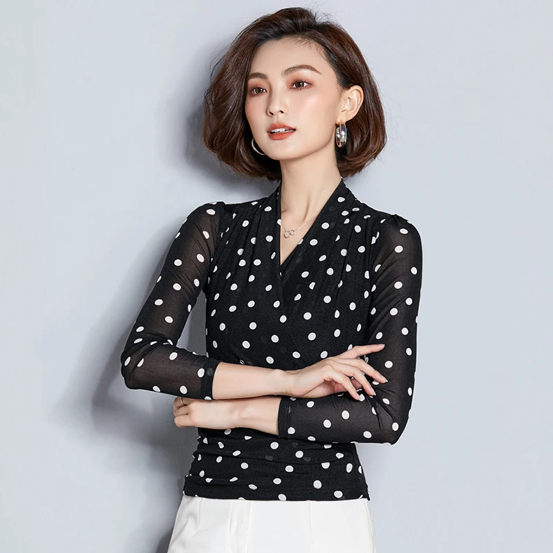 Женская футболка с длинным рукавом новинка весны 2019 сетчатая рубашка глубоким