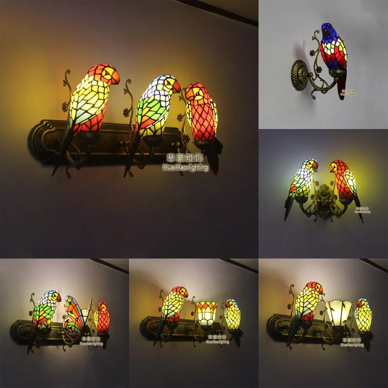 Пасторальный Стиль Тиффани Ретро Роскошный попугай птица Настенный Светильник