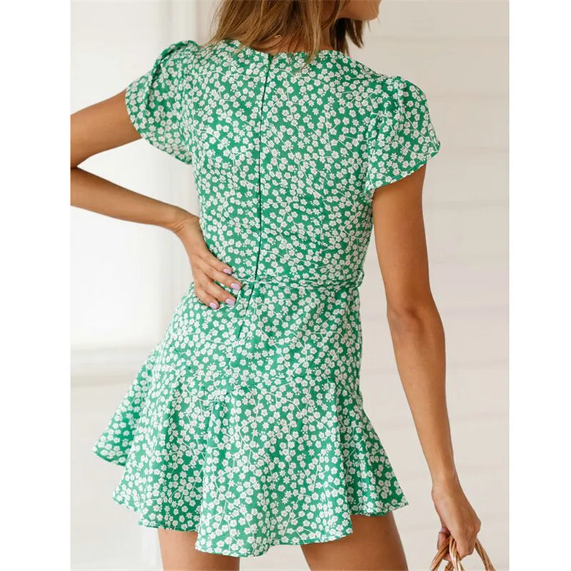 Женское пляжное платье с цветочным принтом коротким рукавом и оборками|Женские