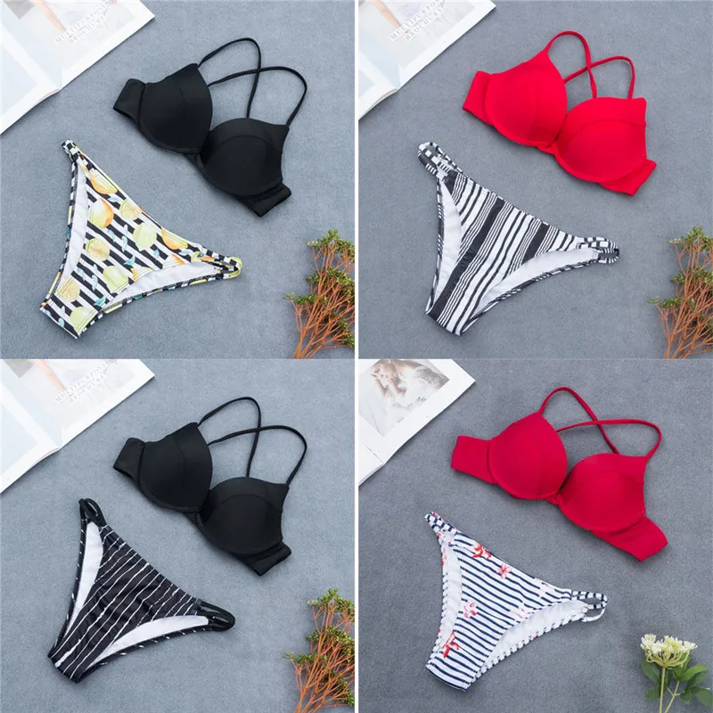 

Women Low Wasit Bikini Set Push-up Padded Swimwear Strappy Striped/Flower Printed Swimsuit Retro Bathing Suit Brazilian Biquini