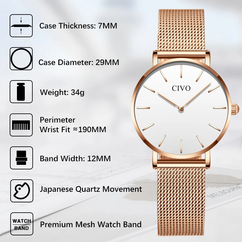 Женские наручные часы CIVO кварцевые из нержавеющей стали с сеткой золотого цвета