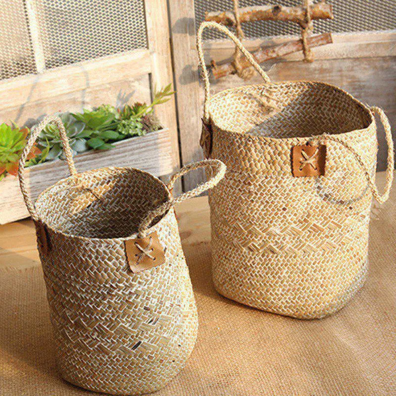 Promotion! Foldable Natural Woven Seagrass Belly Storage Basket Flower Pot Folding Weaving Dirty Garment Fruit B | Дом и сад