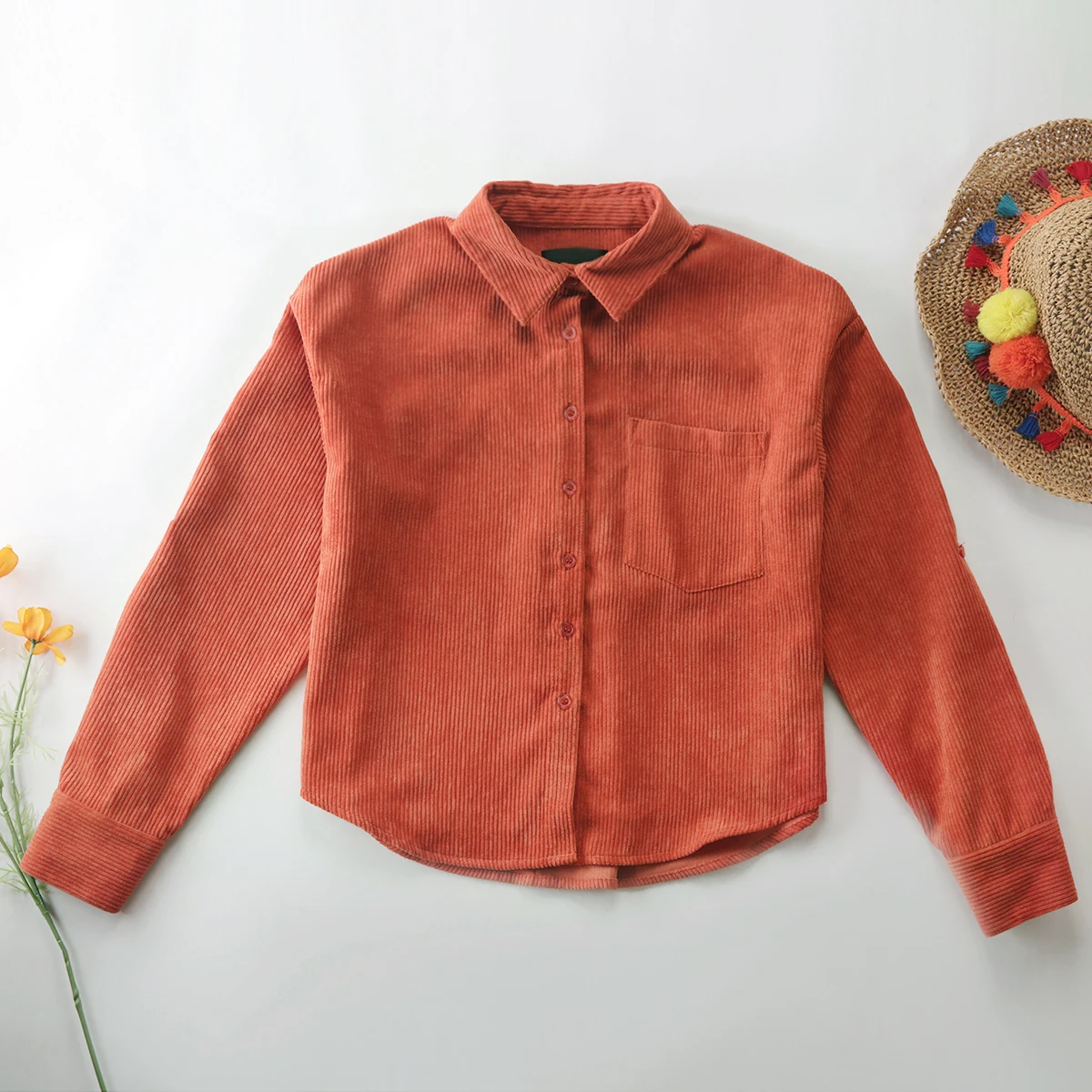 HDY Haoduoyi Pure Corduroy Collar Long Sleeve Shirt |