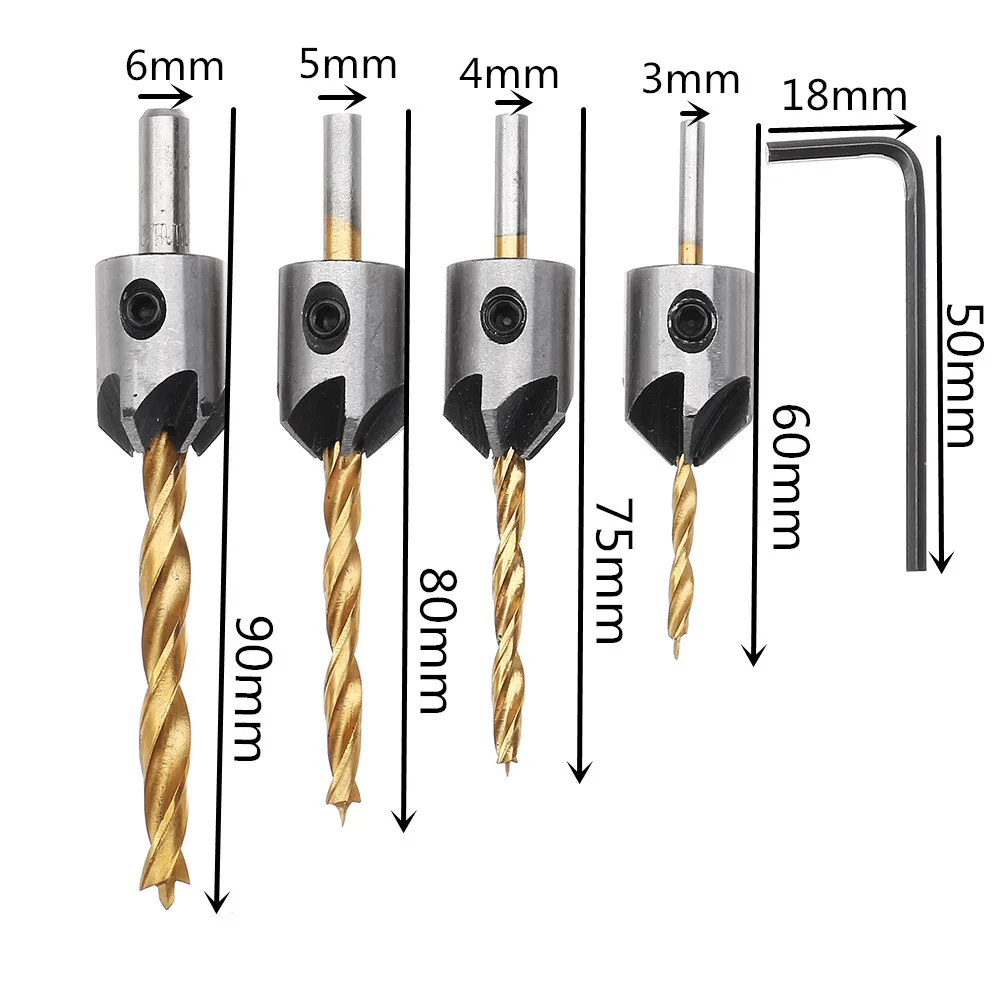

4pcs 3mm-6mm 5 Flute Countersink Drill Bit Woodworking Chamfer Reamer Set