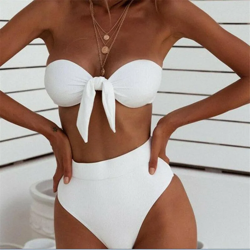 Women's Bandeau Bikini Set Soild Color Swimsuit High Waist Bowknot Bathing Swimwear New Sexy Summer Backless Beachwear Hot Sale | Женская