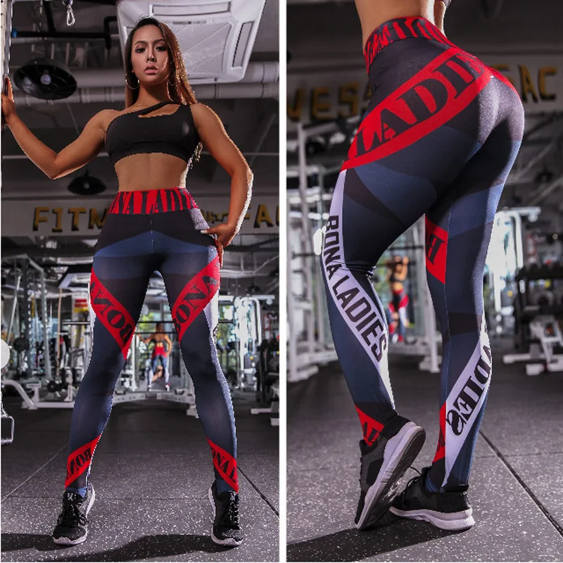Digital Print Geometric Striped Letter Yoga Pants High Waist Women Fitness Trousers Quick-drying Breathable Sports Leggings | Спорт и