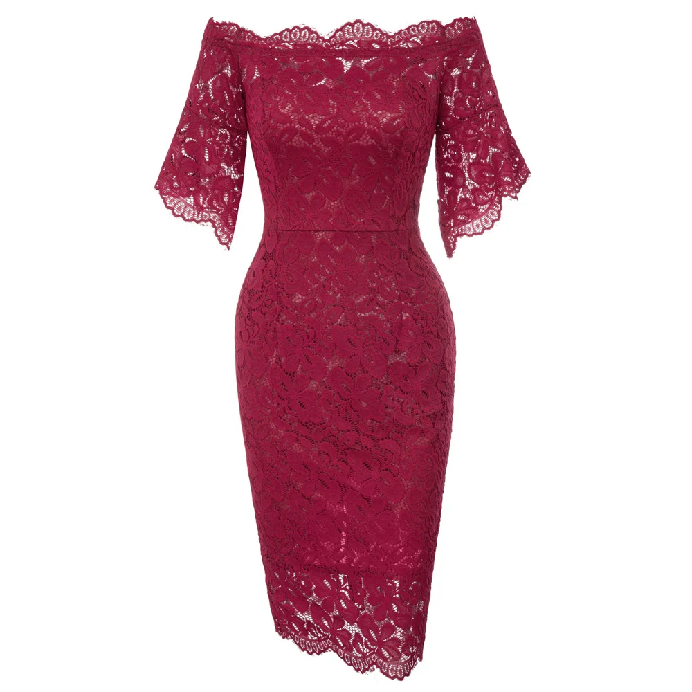 Женское платье с открытыми плечами кружевное длиной до колена для подружки