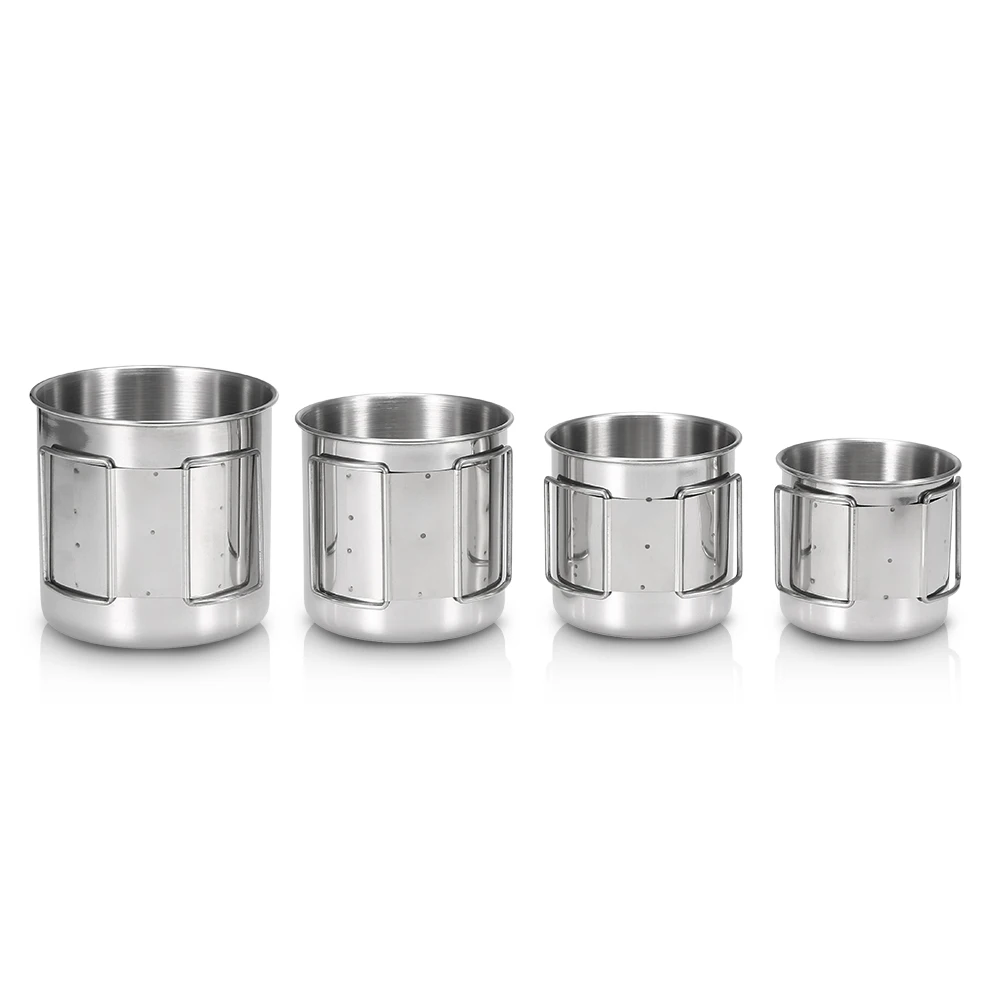 

Outdoor Pack of 4 Stainless Steel Cups Drinking Water Cups Set Stackable Mugs with Foldable Handles for Camping