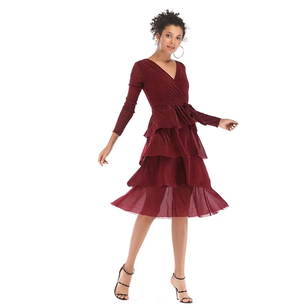 2019 women's short dress ball gown cascading ruffle ladies spring autumn V-neck tie cake dresses waist long-sleeved female | Женская