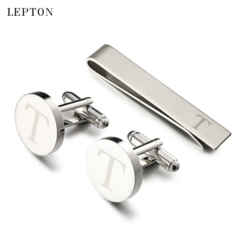 

Hot Sale Round Letters T Cufflinks for Mens Silver Color Letters T of alphabet Cuff links & Tie Clip Set Men Shirt Cuffs Button
