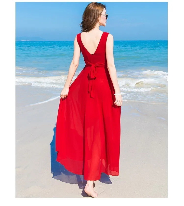 Women Summer Beach Dresses Long Red Chiffon Dress Sleeveless Slim Sexy Holiday One Piece 2019 New AS260 | Женская одежда