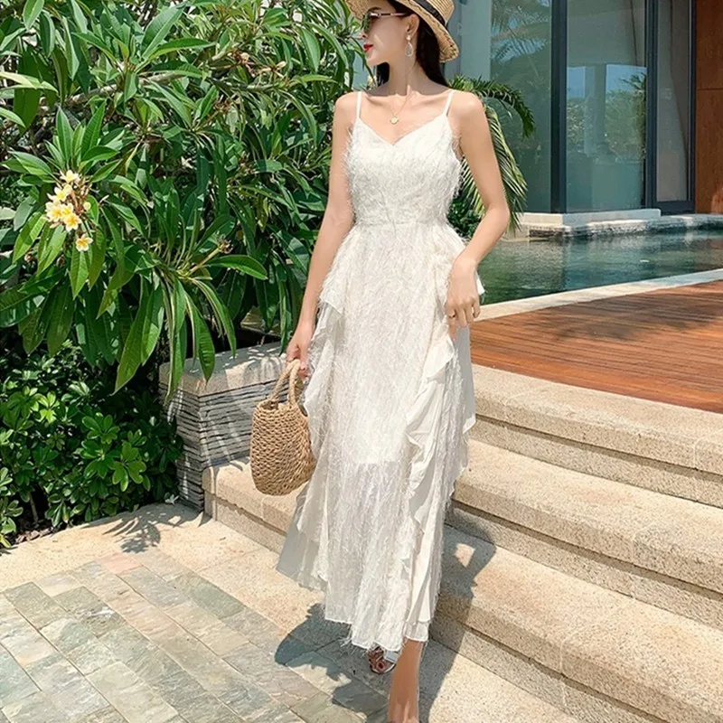 2019 Summer Women Elegant Spaghetti Straps Ruffles Boho Dress Ladies High Waist Sexy V Neck Backless Long Beach Dresses Vestidos | Женская