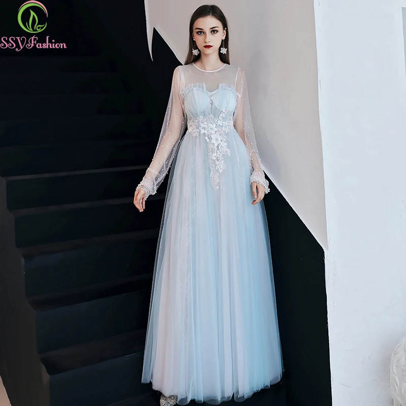 

SSYFashion/Новинка; вечернее платье; Tulee Lllusion; Длинные рукава; Кружевная аппликация; бисероплетение; Светло-Голубые Вечерние платья в пол; вечерне...