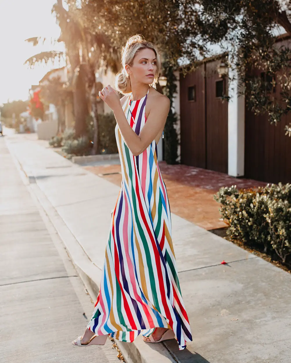 Женское длинное платье в полоску Boho летнее пляжное без рукавов с открытой