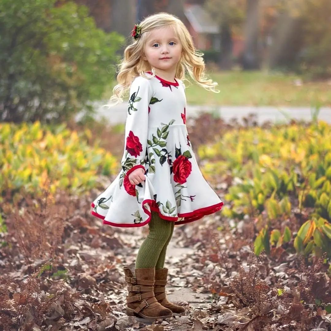 0-5Y Toddler Kids Baby Girl Long Sleeve Rose Flower Princess Girls Formal Pageant Party Dress Clothes | Детская одежда и обувь
