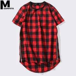 Футболка мужская в клетку, с коротким рукавом, забавная, в стиле хип-хоп, с молнией сбоку, лето 2019