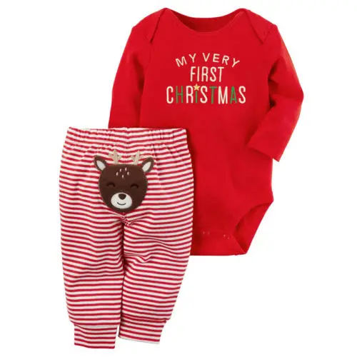 Hot Sale Christmas Clothes Baby Boy Girl Unisex Letter Long Sleeve Bodysuit Jumpsuit Tops Stripe Pants Casual Outfits Set 0-18M | Детская