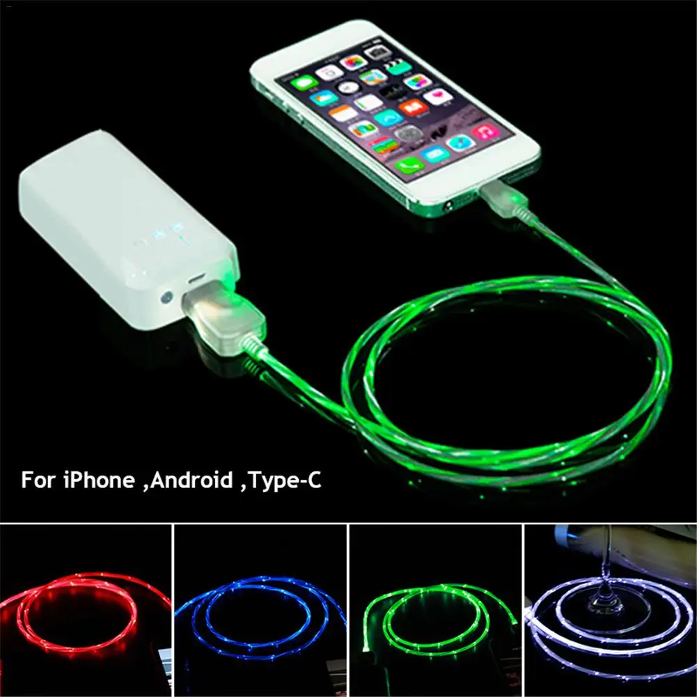 1M Streamer Data Wire Flowing LED Light 2.1A Fast Charge Cable Suitable For IPhone Android Type-C High Quality 4 Colors New | Электроника