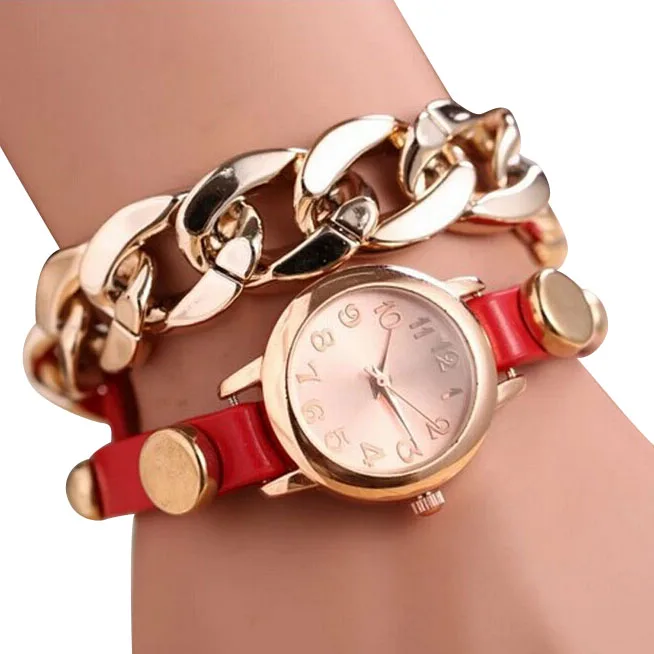 Punk Women Gold Dial Leather Chain Wrap Analog Quartz Wrist Watch Bracelet | Наручные часы