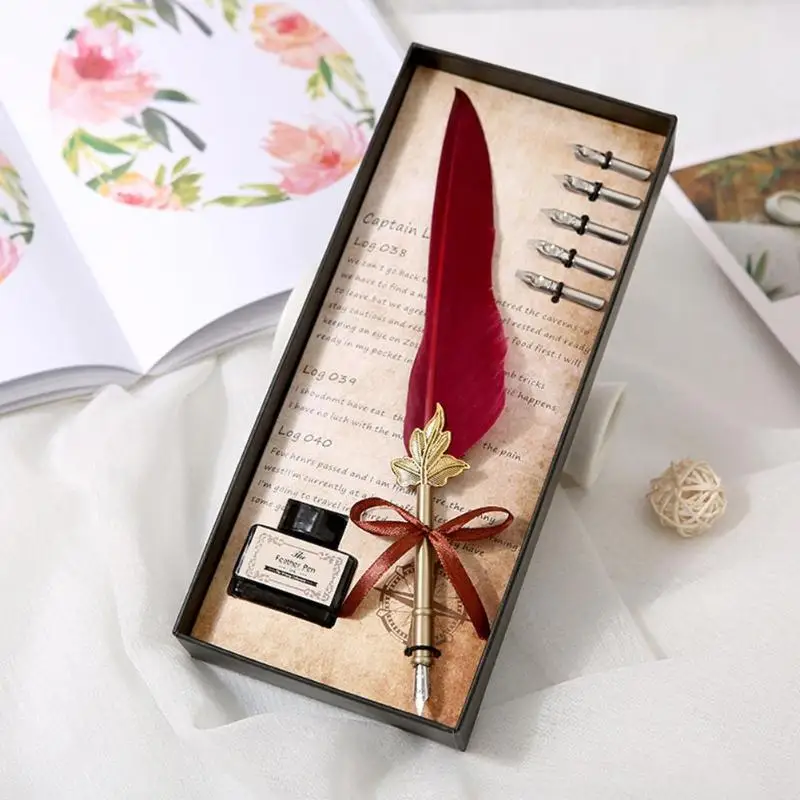 Creative Exquisite Retro Vintage Calligraphy Feather Dip Pen Writing Set Quill Fountain Pens Birthday Gifts Stainless Steel Nib|Перьевые
