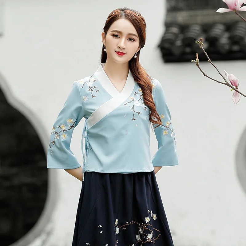 Женская рубашка в китайском стиле Hanfu Xia Pao синяя винтажная с вышивкой винтажном |