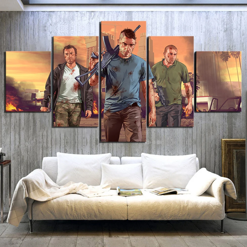 

5 Piece HD Cartoon Pictures Grand Theft Auto Online Video Games Poster Decorative Paintings Canvas Art for Home Decor Wall Art