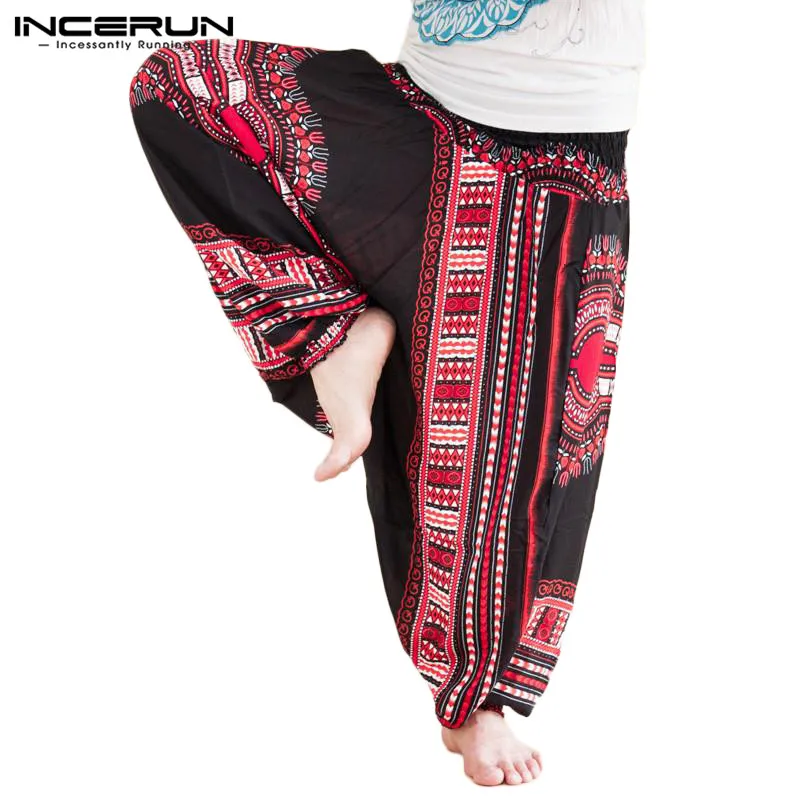 

Man Pants INCERUN Ethnic Floral Men Casual Pants Harem Trousers Baggy Wide Legs Big Drop Crotch Cross-Pants Dance Hombre Hiphop