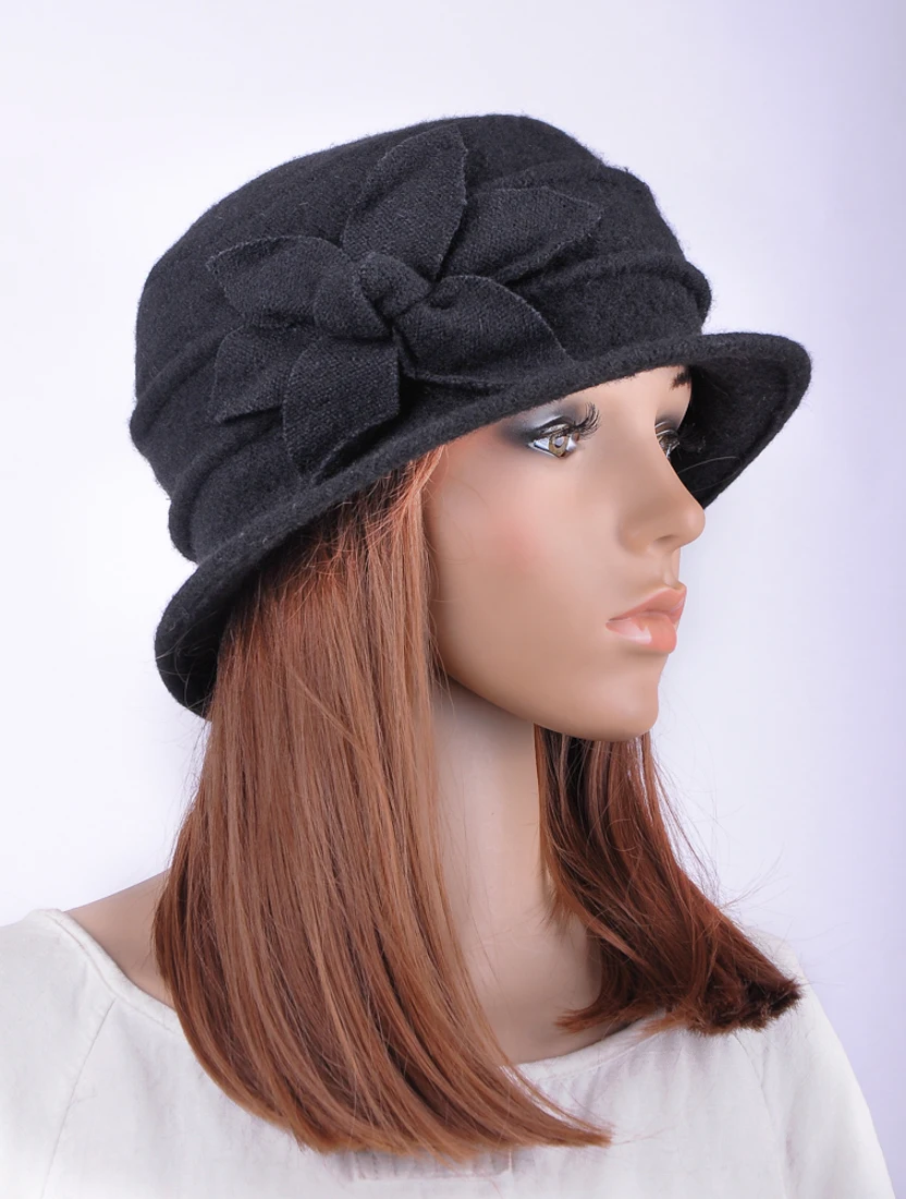 

M557 Black Elegant Wool Acrylic Women's Winter Flower Flanging Cap Beanie Cloche Bucket Hat