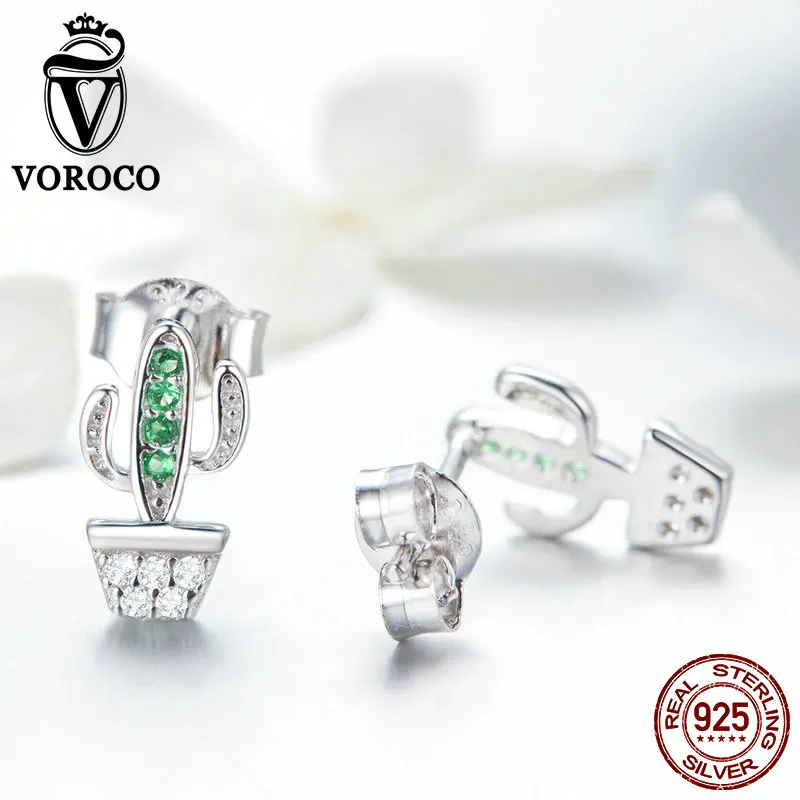Корейские серьги VOROCO 925 искусственная кожа кактус AAA циркониевые ювелирные