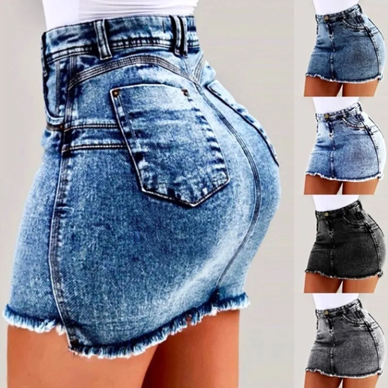 

LIBERJOG Womens Sexy Skirts Tassel Short Denim Skirt Summer Ladies Casual Black And Blue Vintage Plus Size Female Pencil Skirts