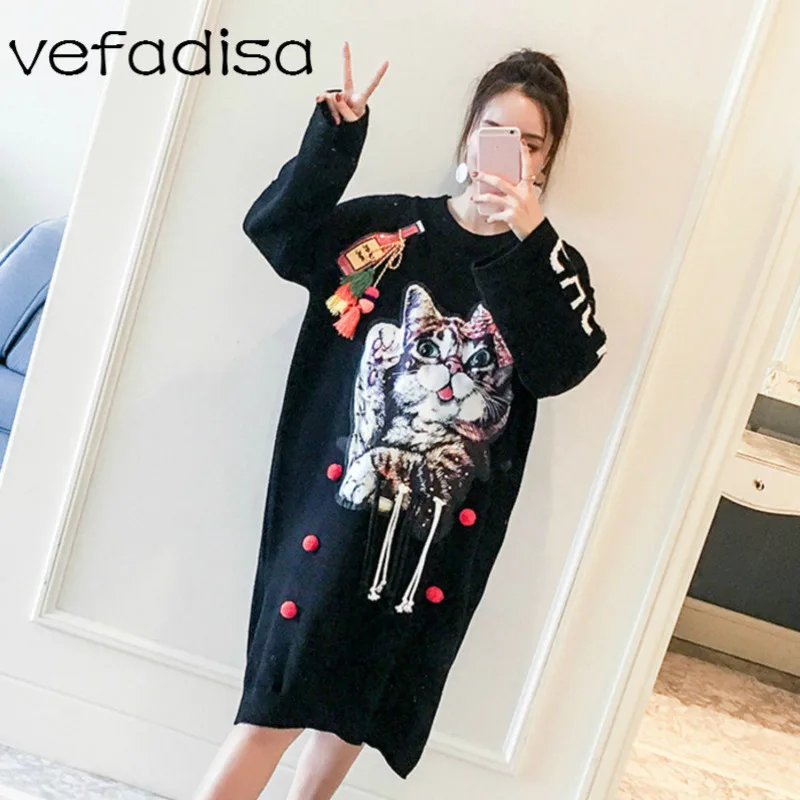 Vefadisa Women Cartoon Cat Tassel Knitting Sweater Dress 2018 Winter Letter Printing Pullover Maternity DQ522 | Женская одежда