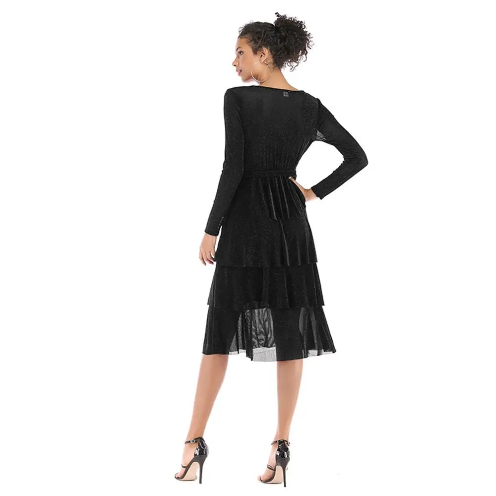 2019 women's short dress ball gown cascading ruffle ladies spring autumn V-neck tie cake dresses waist long-sleeved female | Женская