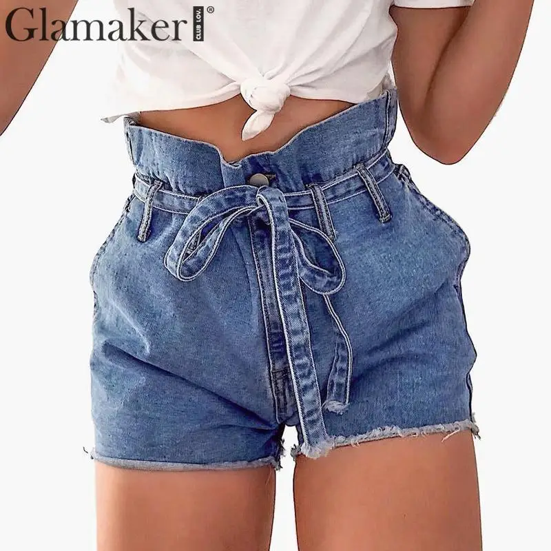 Женские джинсовые шорты Glamaker синие с карманами и высокой талией уличная одежда