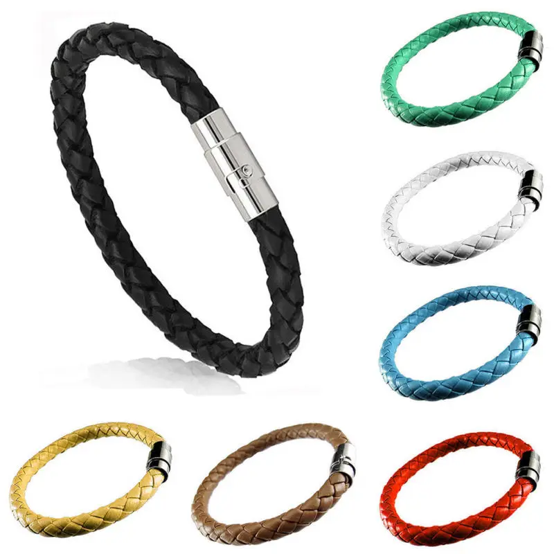 

Fashion New Unisex Women Men Leather Braided Steel Magnetic Clasp Bracelet Handmade Girls Bracelets Statement Jewelry Wholesale