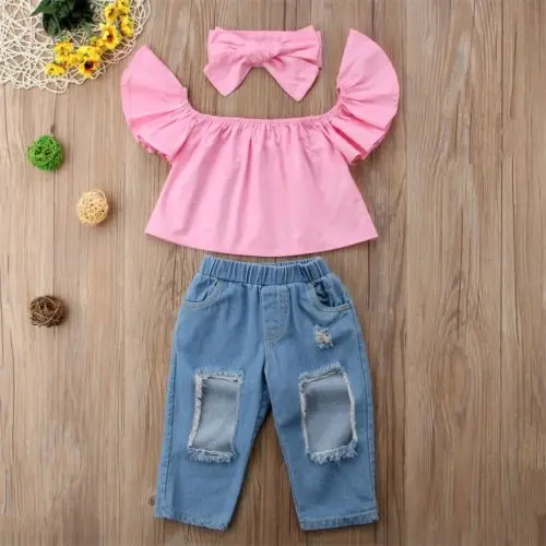 

Toddler Kids Baby Girl Clothes Off Shoulder Top+Denim Pants+ Headband Set Clothes