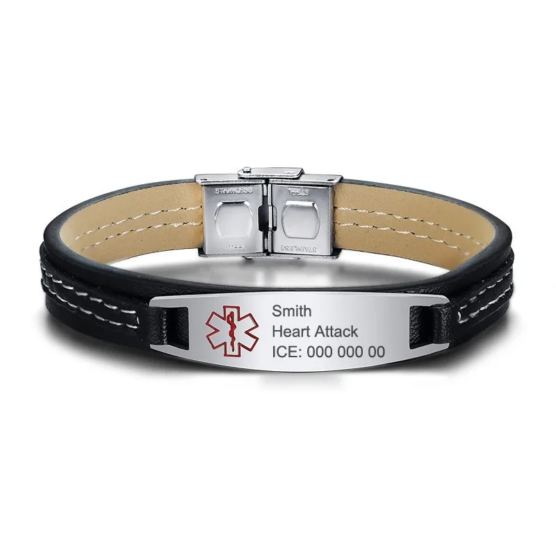 

Free Engraving Disease Name ICE Contact Info Medical Alert ID Bracelets Mens Leather Bracelet Bangle 8.26"