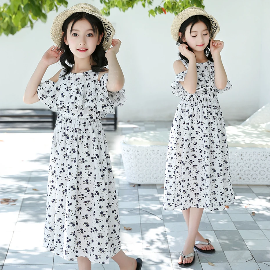 Kids Dresses For Girls Summer Beach Kid Dress Flowers Off Shoulder Cotton Long Costume Girl 4 6 8 10 12 13 Years | Детская одежда и