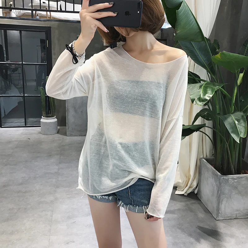 

Thin Section Sun Protection Clothing Bottoming Shirt Female 2020 Summer Fashion Loose Simple Long-sleeved T-shirt