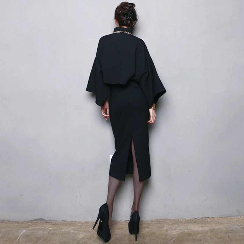 Fashion Woolen Two Piece Set Women Spring Turtleneck Flare Sleev Short Tops And Long Bodycon Skirt Suits Office 2019 Okq126 | Женская