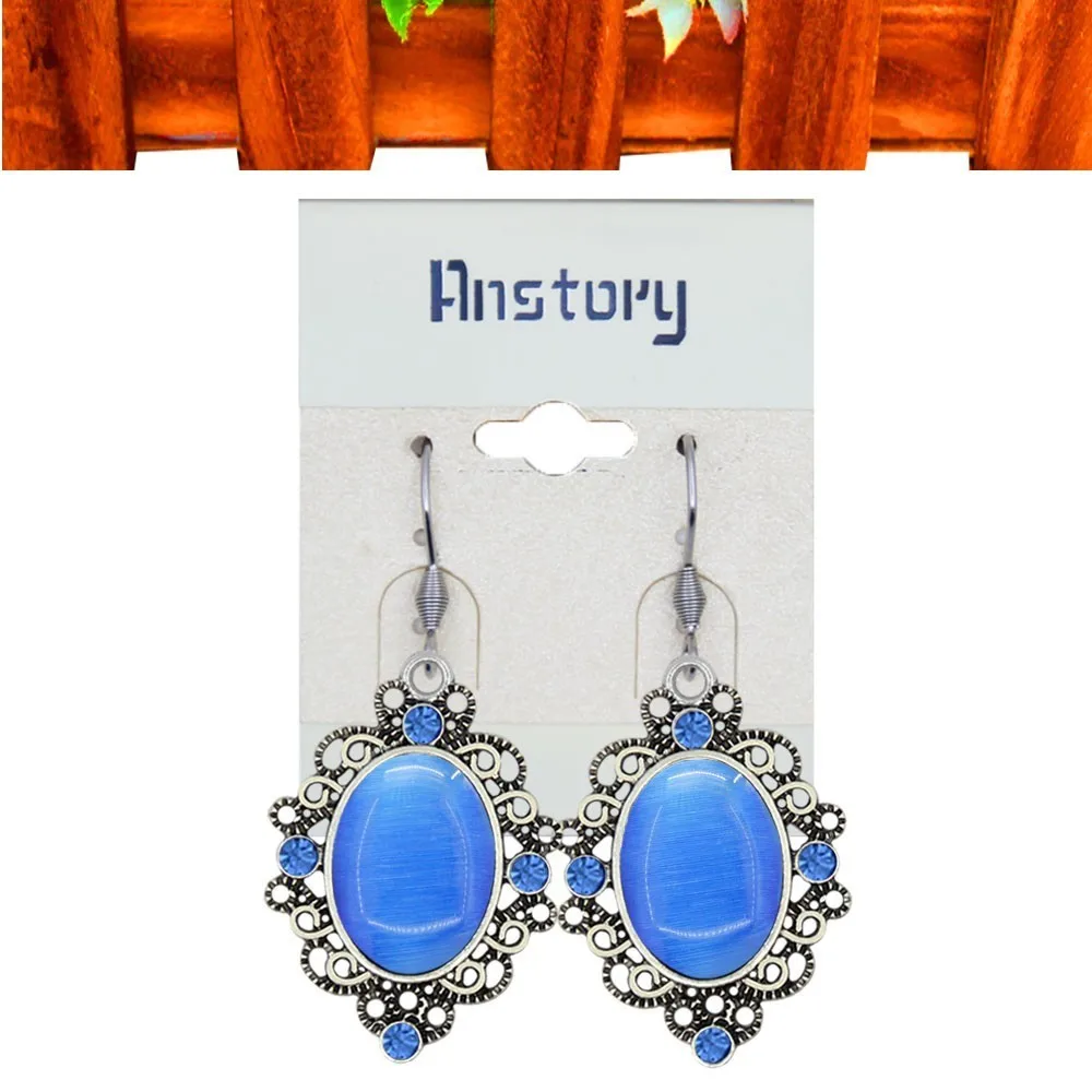 Oval Opal Vintage Jewelry Set Crystal Necklace Earrings Hollow Flower Antique Silver Plated Fashion TS468 | Украшения и