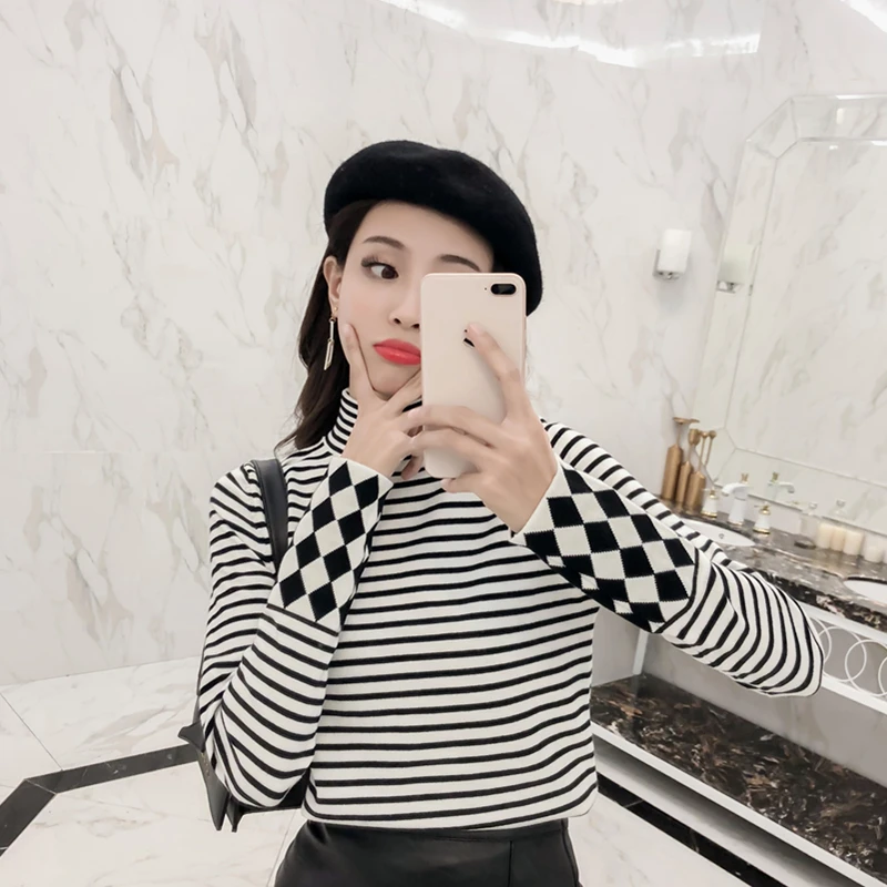 La MaxZa 2018 Autumn Winter New Fashion Black And White Striped Knitted Sweater Bottoming Half High Collar Woman 8177 | Женская одежда