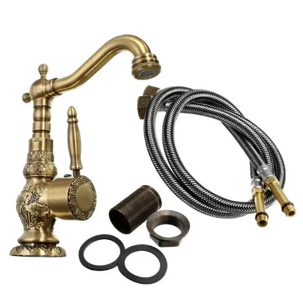 

Basin Faucets Antique Brass Bathroom Faucet Basin Carving Tap Rotate Single Handle Hot and Cold Water Mixer Taps Crane