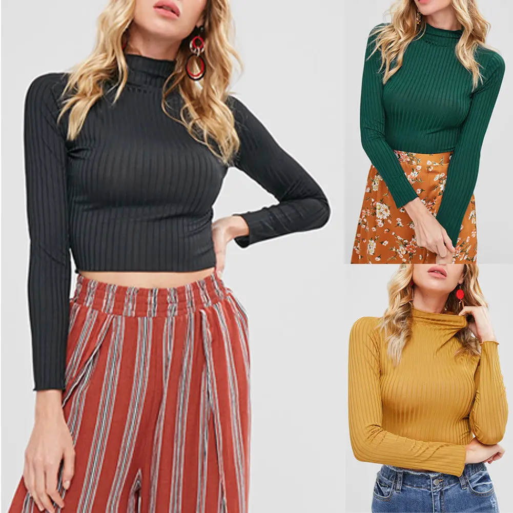 New Womens Ladies Long Sleeve Stretch High Turtle Neck Knitted Crop Top T Shirt Short Tops Tee Shirts | Женская одежда