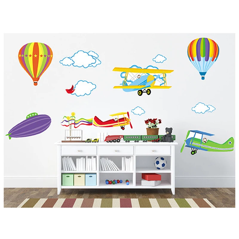 Cartoon Wall Stickers For Kids Baby Rooms Decor Removable Vinyl Nursery Children Decals Airplane And Hot Air Balloons | Дом и сад